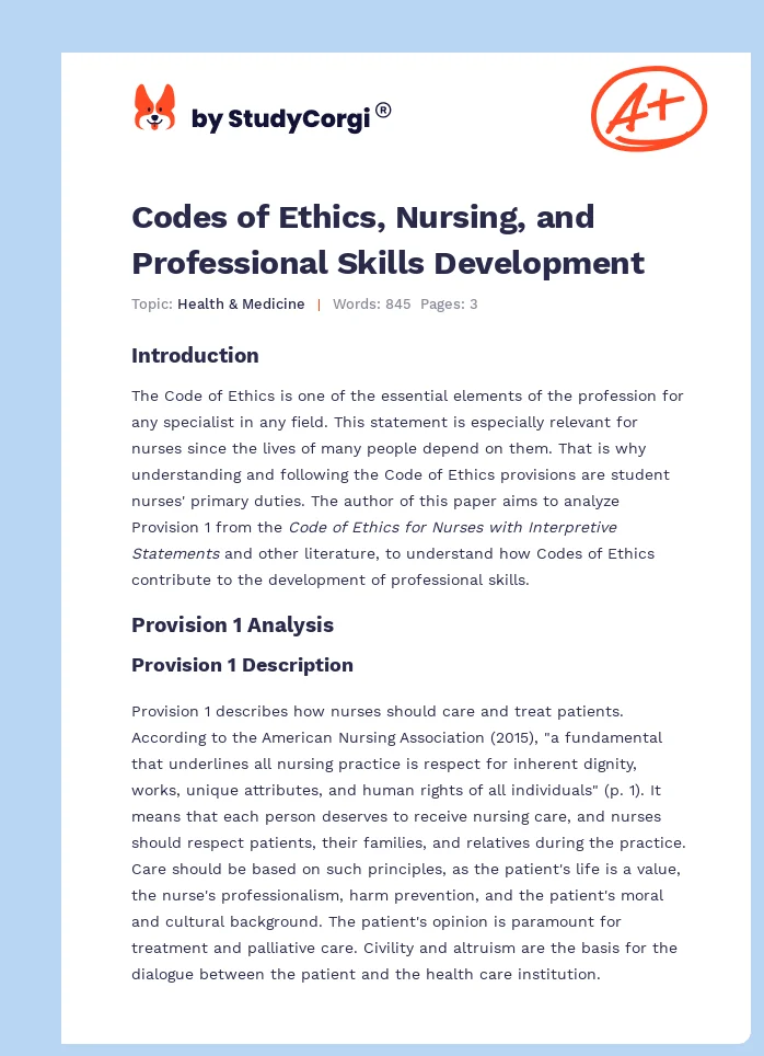 Codes of Ethics, Nursing, and Professional Skills Development. Page 1