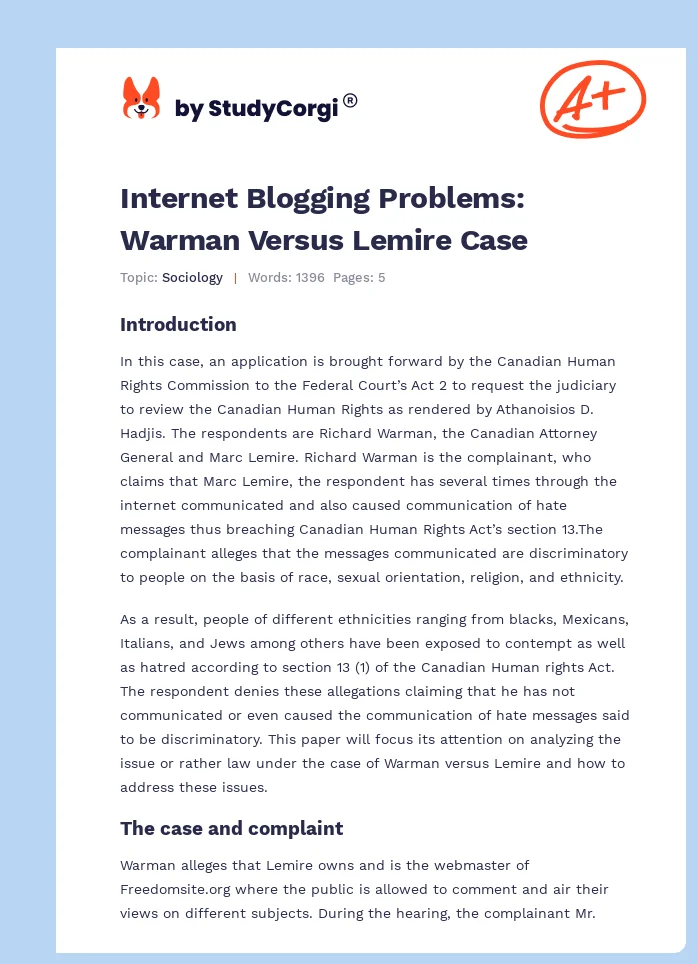 Internet Blogging Problems: Warman Versus Lemire Case. Page 1