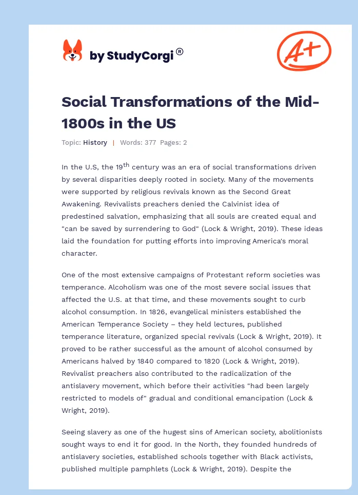 Social Transformations of the Mid-1800s in the US. Page 1