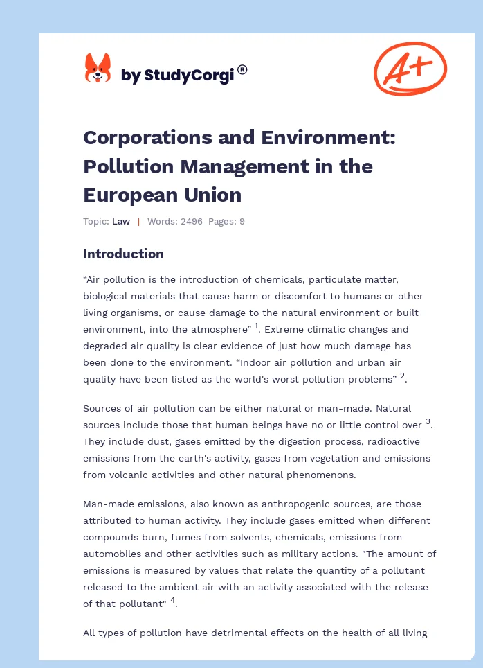 Corporations and Environment: Pollution Management in the European Union. Page 1