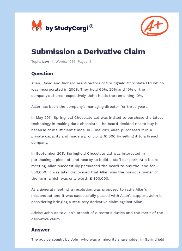 Submission a Derivative Claim. Page 1