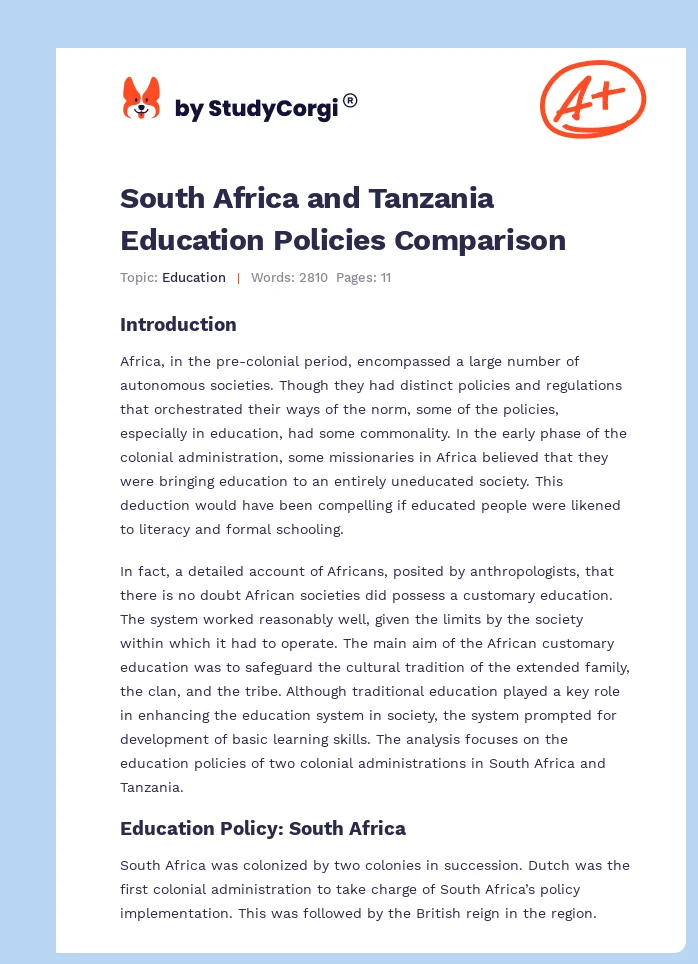 South Africa and Tanzania Education Policies Comparison. Page 1