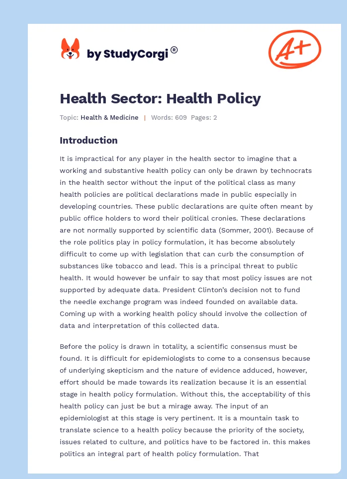 Health Sector: Health Policy. Page 1