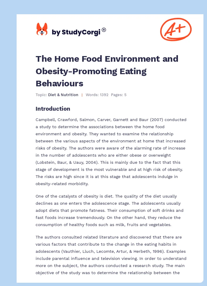 The Home Food Environment and Obesity-Promoting Eating Behaviours. Page 1
