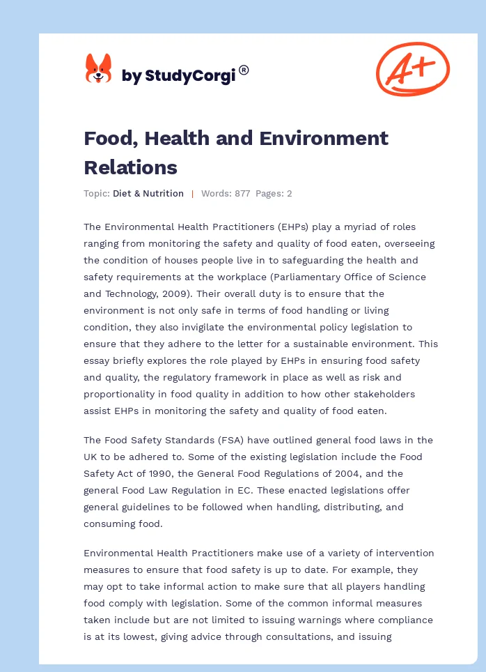 Food, Health and Environment Relations. Page 1