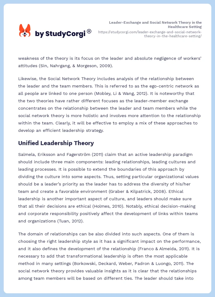 Leader-Exchange and Social Network Theory in the Healthcare Setting. Page 2