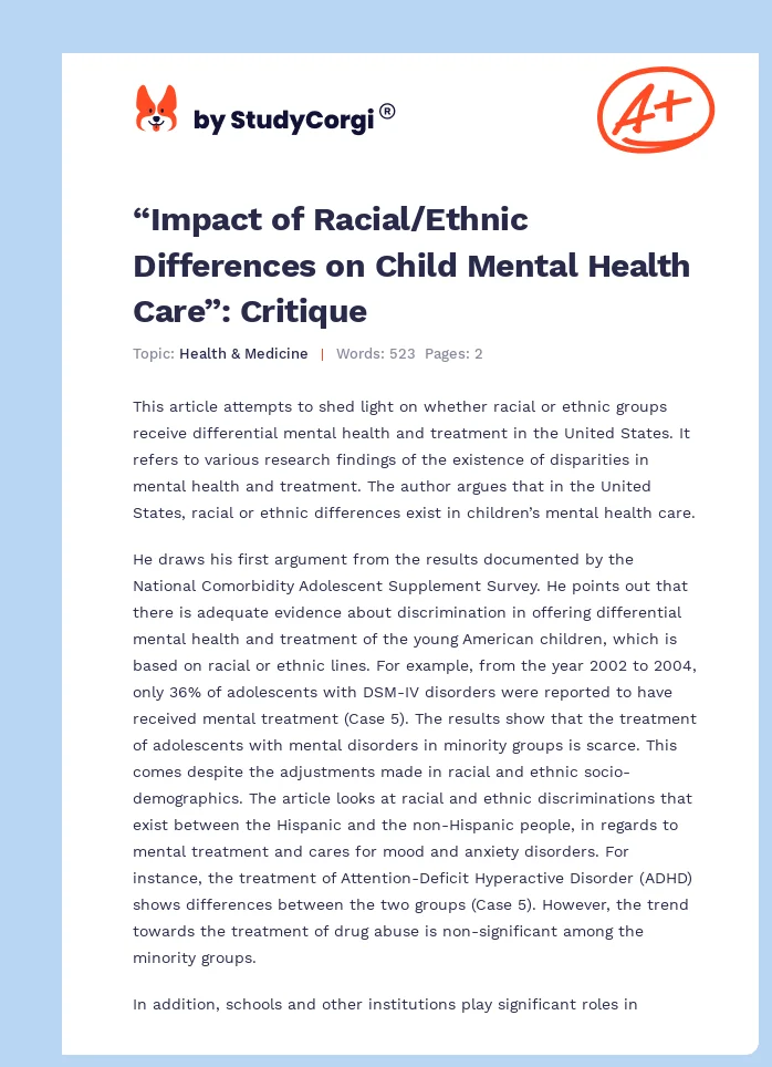 “Impact of Racial/Ethnic Differences on Child Mental Health Care”: Critique. Page 1