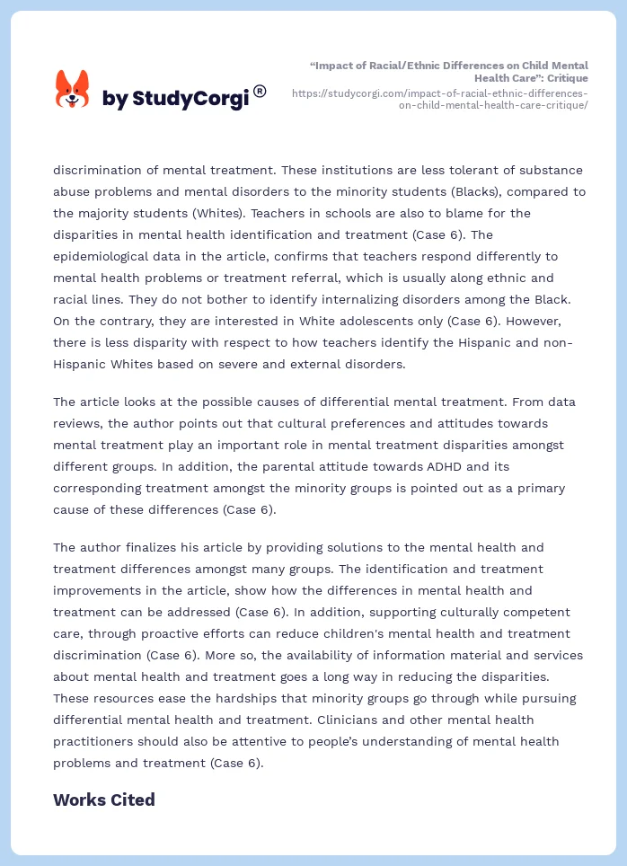 “Impact of Racial/Ethnic Differences on Child Mental Health Care”: Critique. Page 2