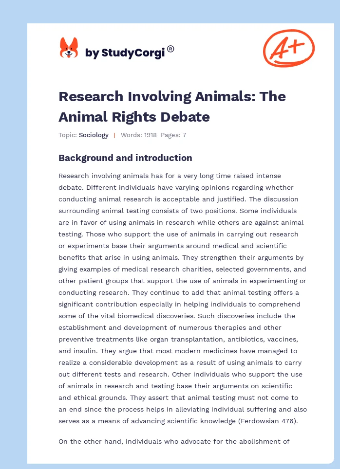 Research Involving Animals: The Animal Rights Debate. Page 1