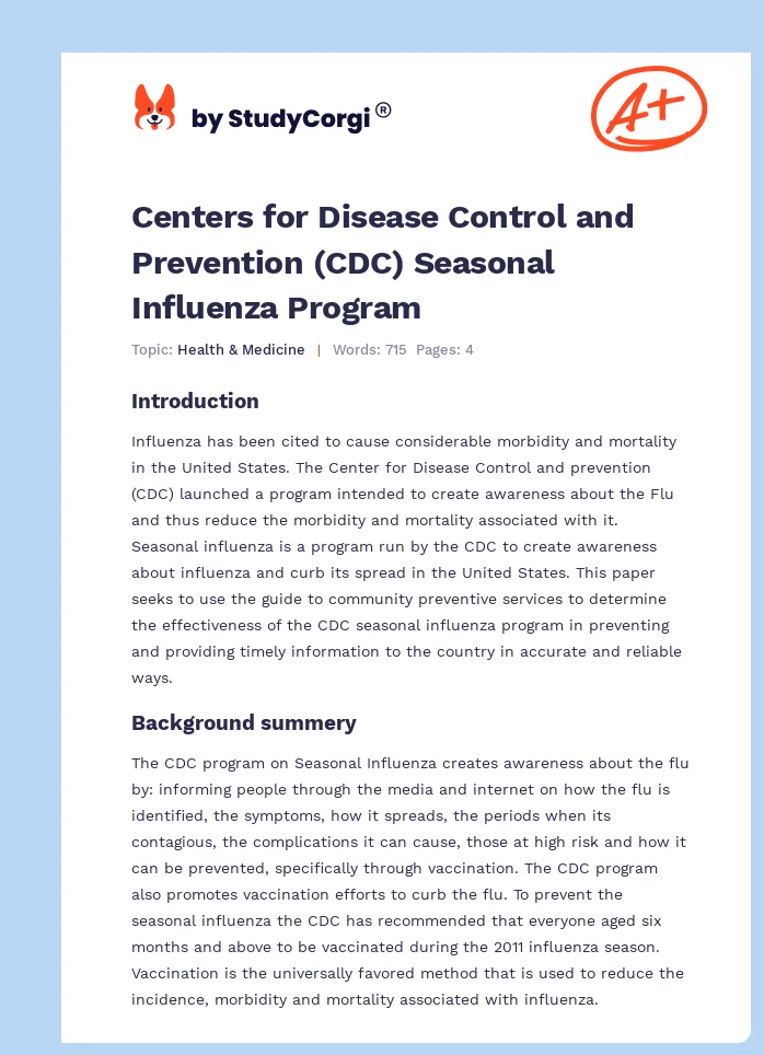 Centers for Disease Control and Prevention (CDC) Seasonal Influenza Program. Page 1