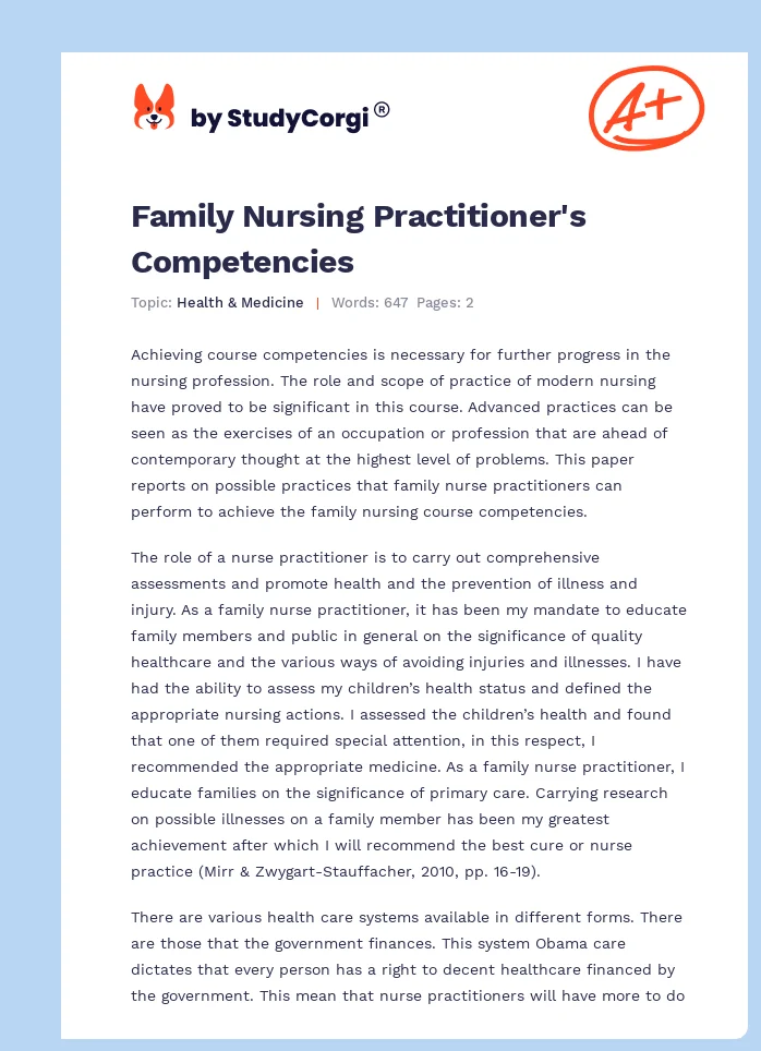 Family Nursing Practitioner's Competencies. Page 1