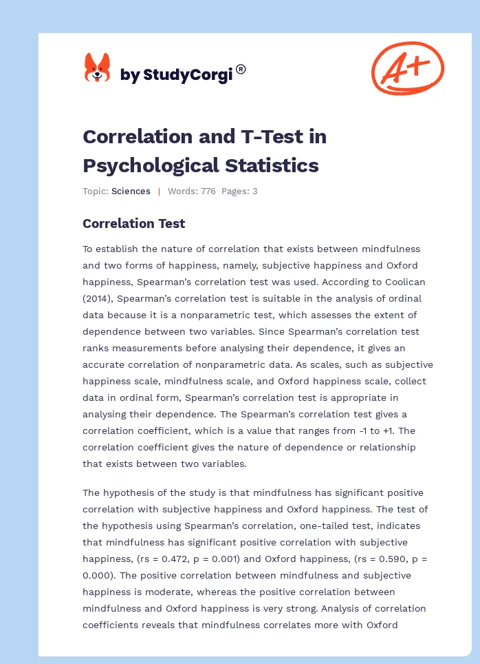 Correlation and T-Test in Psychological Statistics. Page 1