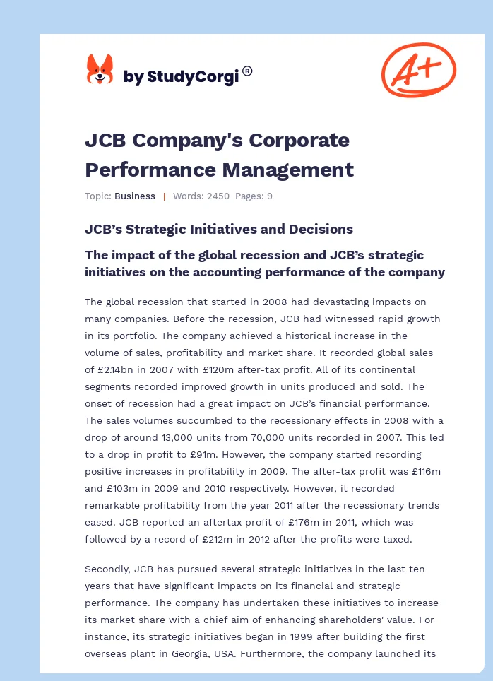 JCB Company's Corporate Performance Management. Page 1