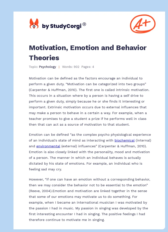 Motivation, Emotion and Behavior Theories. Page 1