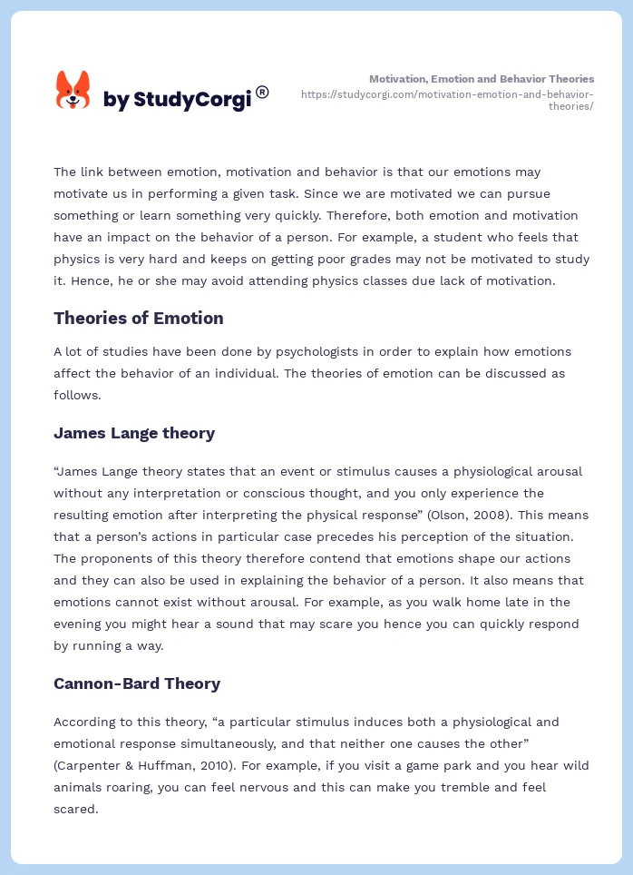 Motivation, Emotion and Behavior Theories. Page 2