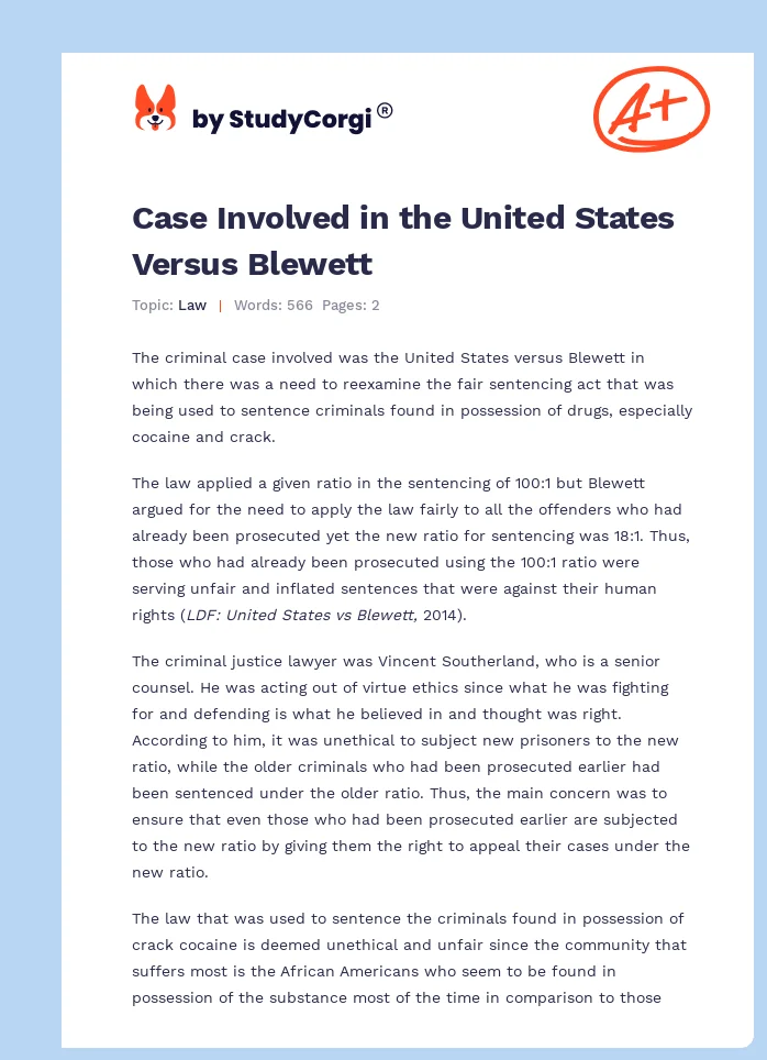 Case Involved in the United States Versus Blewett. Page 1