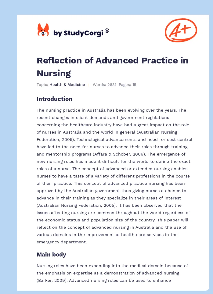Reflection of Advanced Practice in Nursing. Page 1