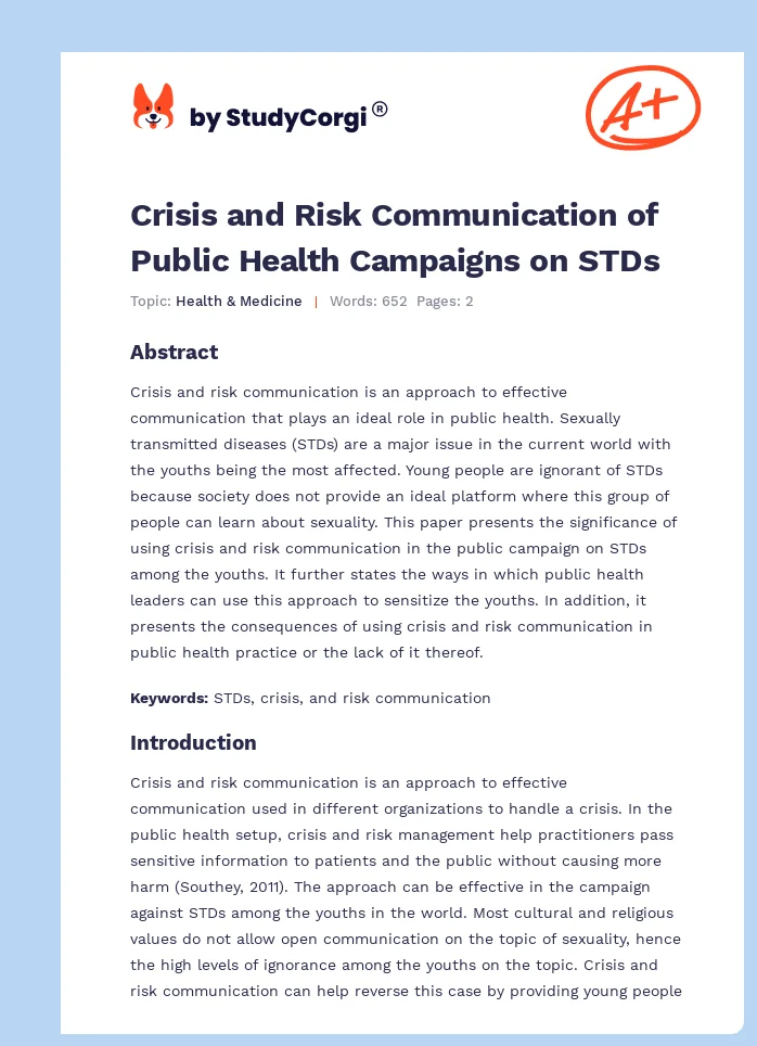 Crisis and Risk Communication of Public Health Campaigns on STDs. Page 1