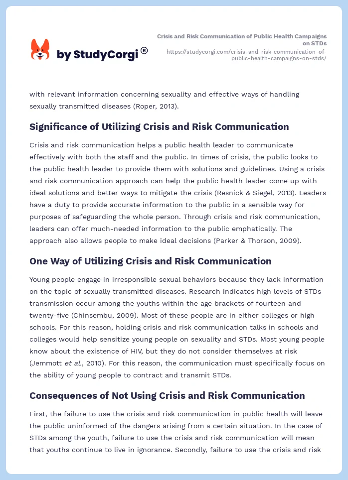 Crisis and Risk Communication of Public Health Campaigns on STDs. Page 2