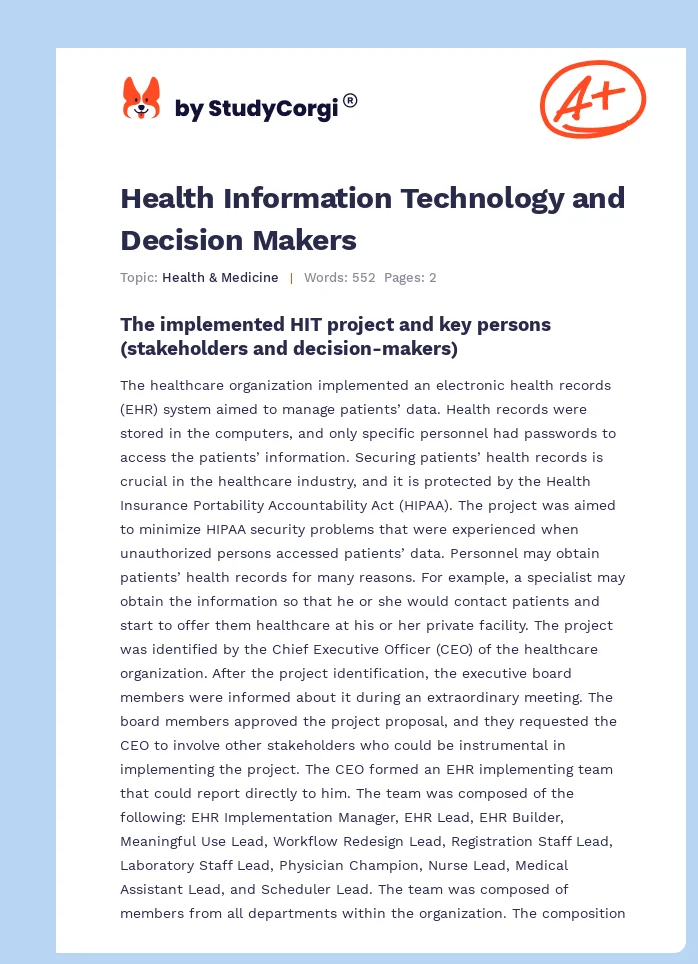 Health Information Technology and Decision Makers. Page 1