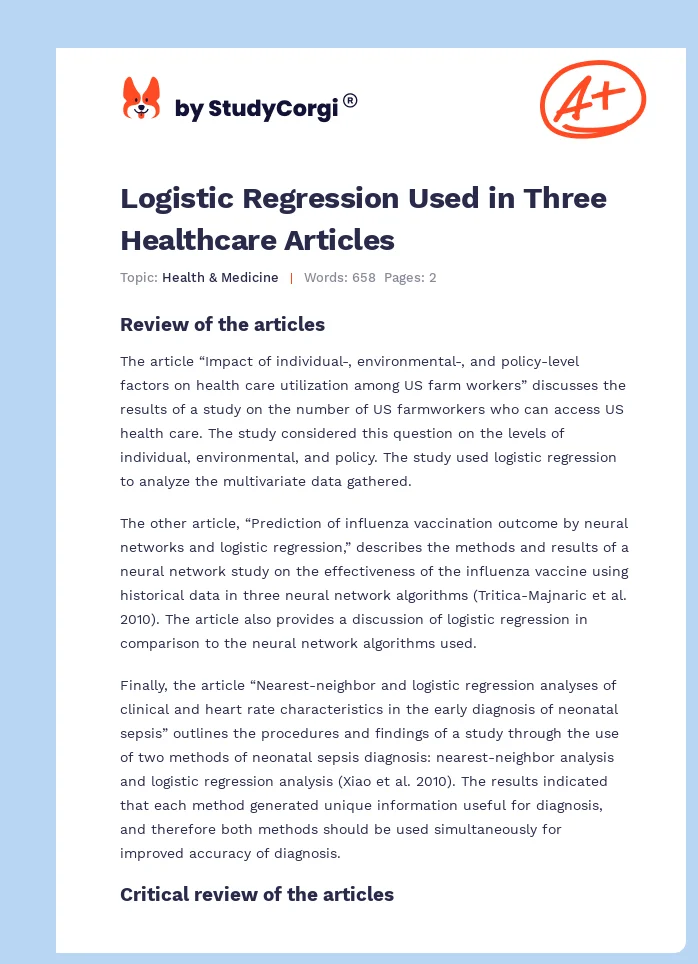Logistic Regression Used in Three Healthcare Articles. Page 1