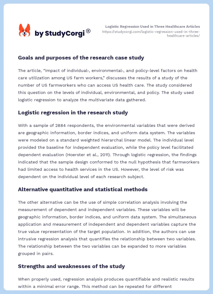 Logistic Regression Used in Three Healthcare Articles. Page 2