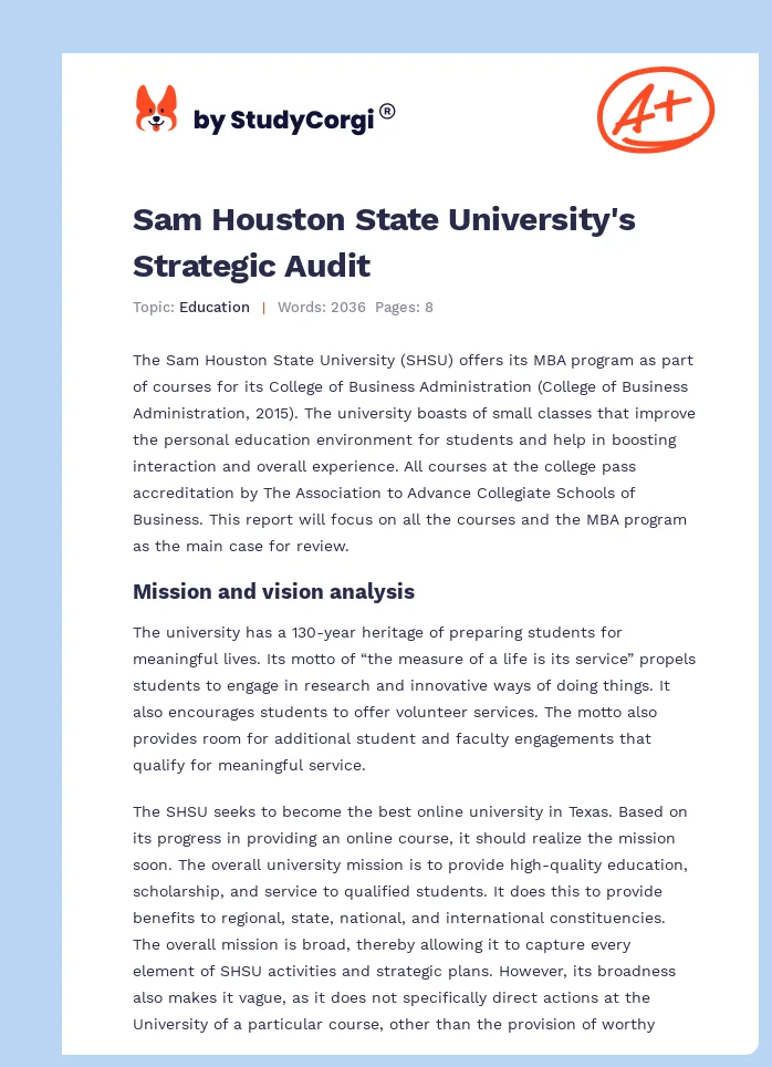 Sam Houston State University's Strategic Audit. Page 1