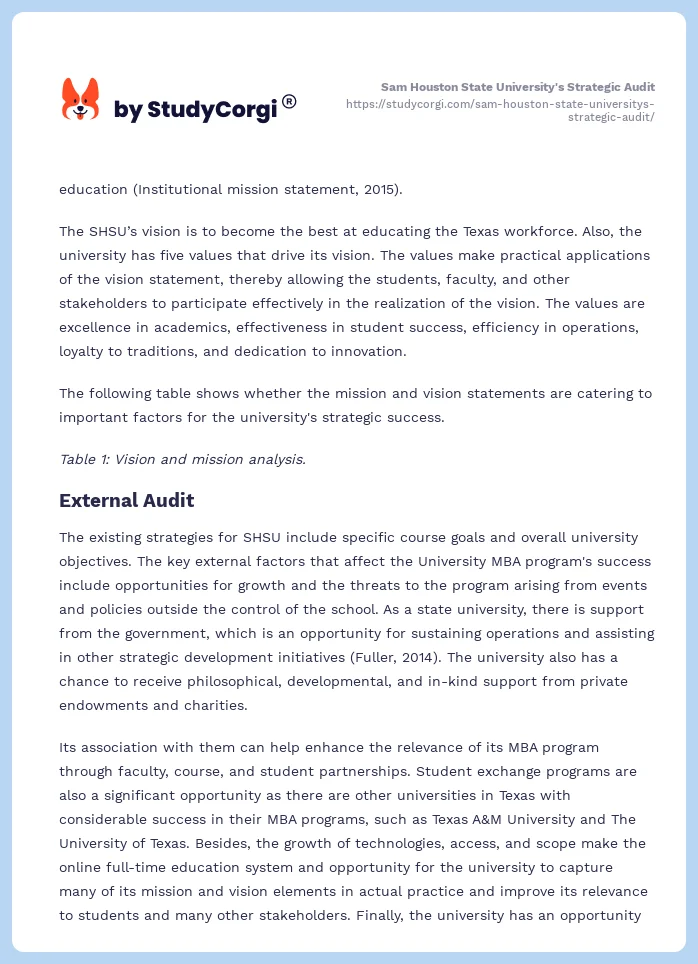 Sam Houston State University's Strategic Audit. Page 2