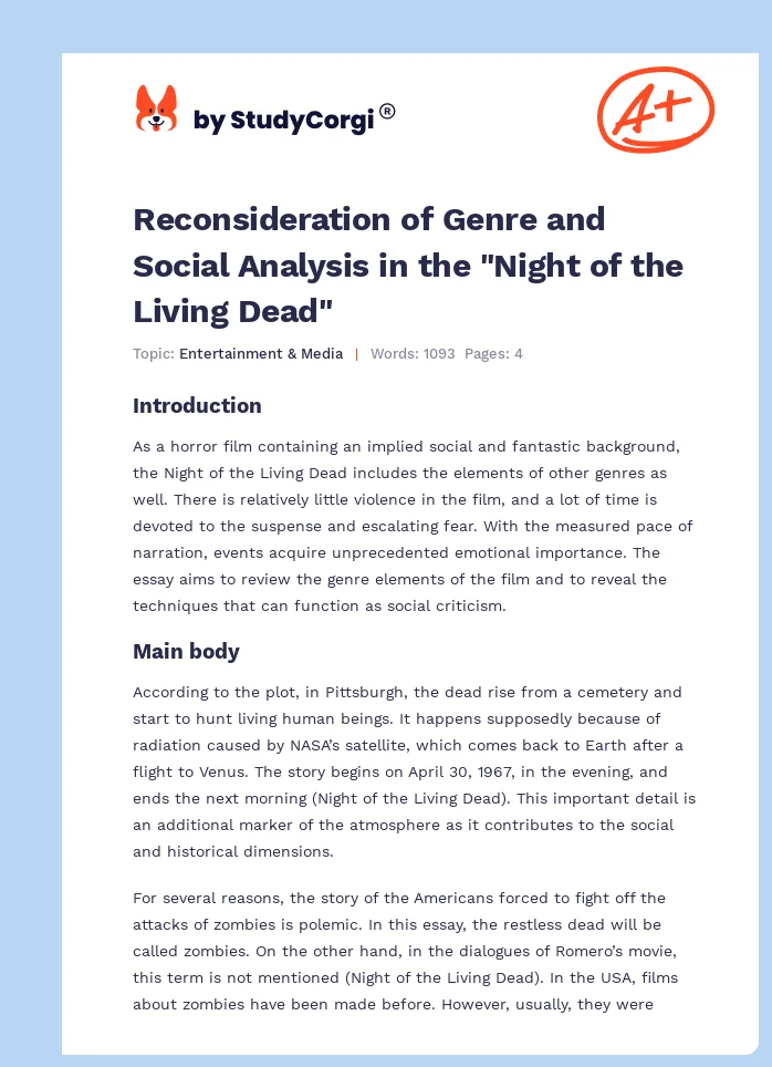 Reconsideration of Genre and Social Analysis in the "Night of the Living Dead". Page 1