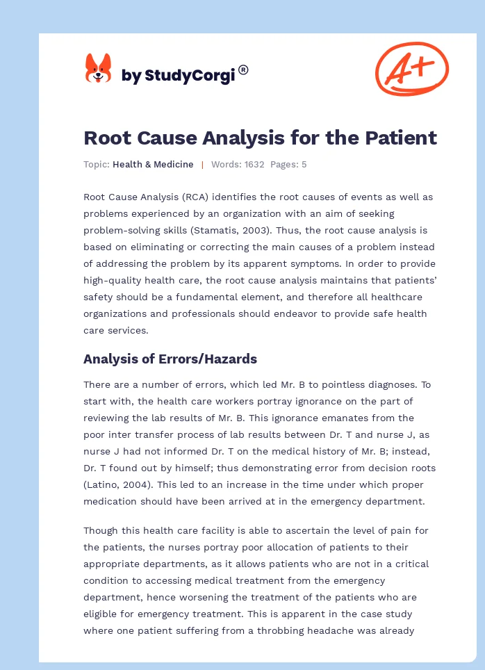 Root Cause Analysis for the Patient. Page 1