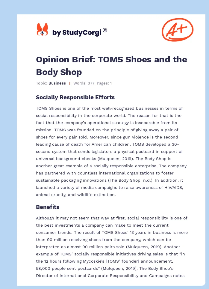 Opinion Brief: TOMS Shoes and the Body Shop. Page 1
