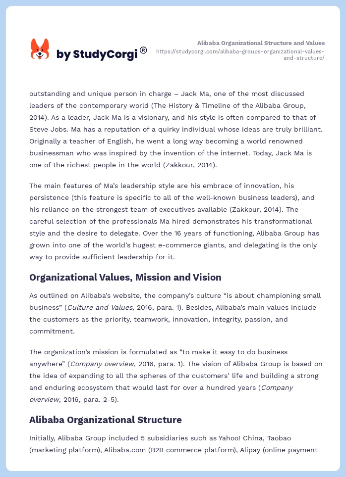 Alibaba Organizational Structure and Values. Page 2