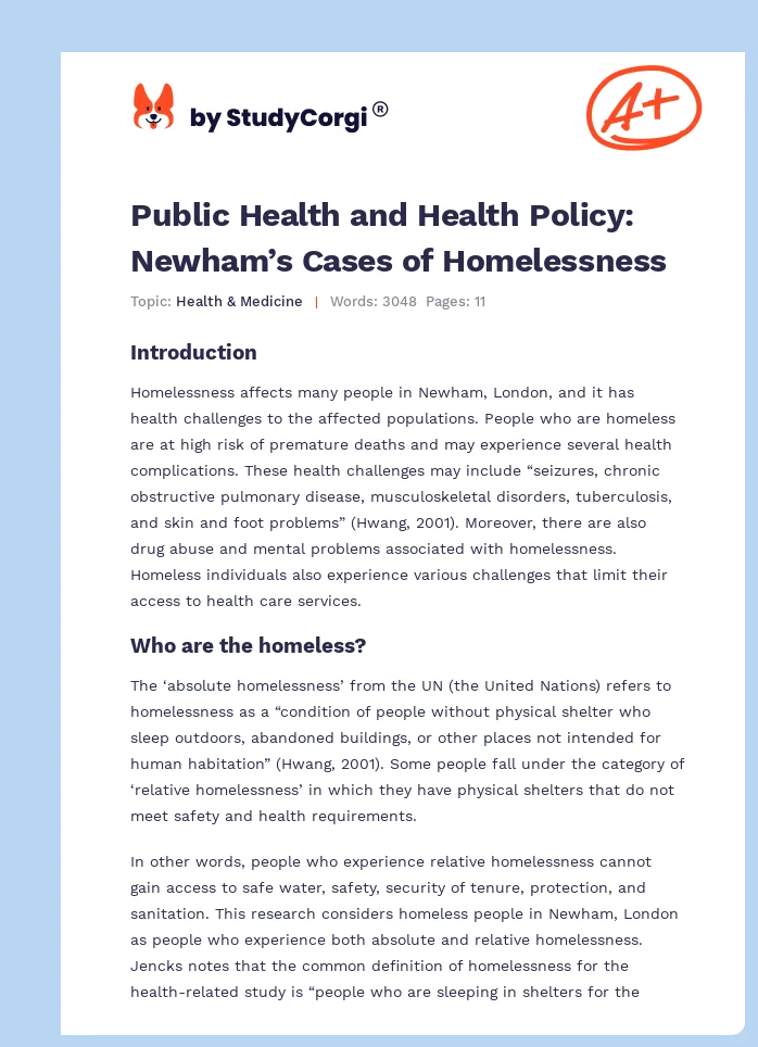 Public Health and Health Policy: Newham’s Cases of Homelessness. Page 1