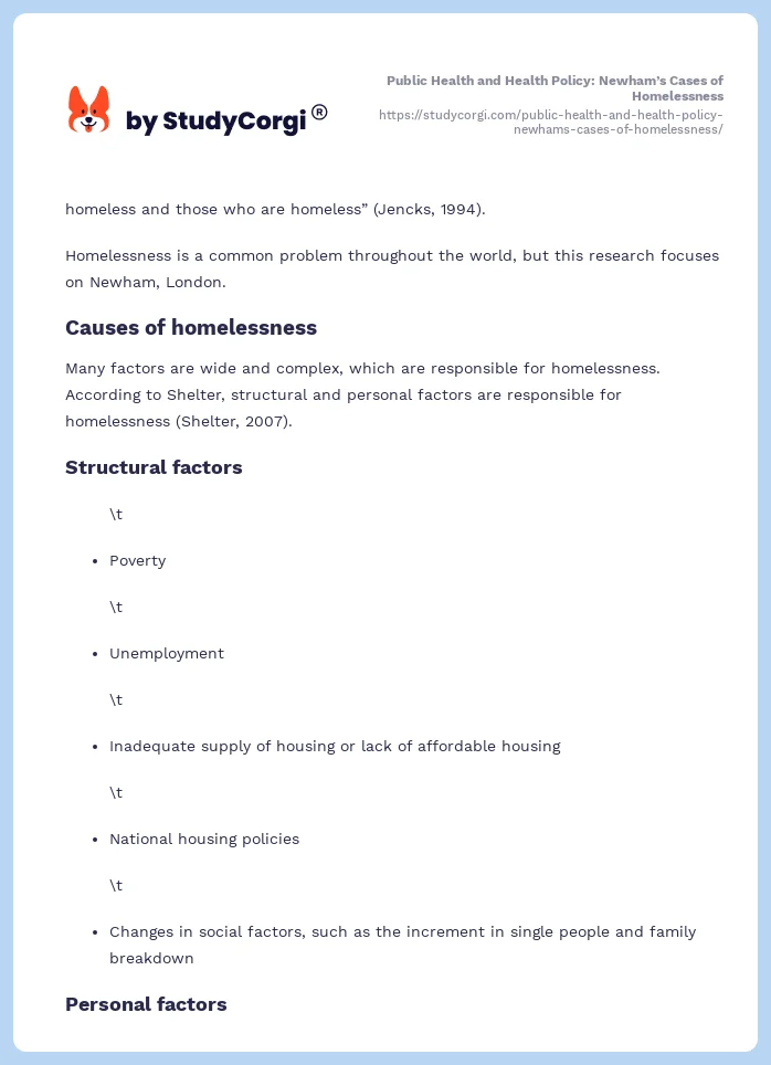 Public Health and Health Policy: Newham’s Cases of Homelessness. Page 2