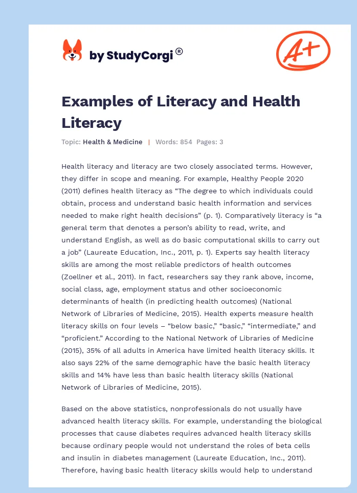 Examples of Literacy and Health Literacy. Page 1