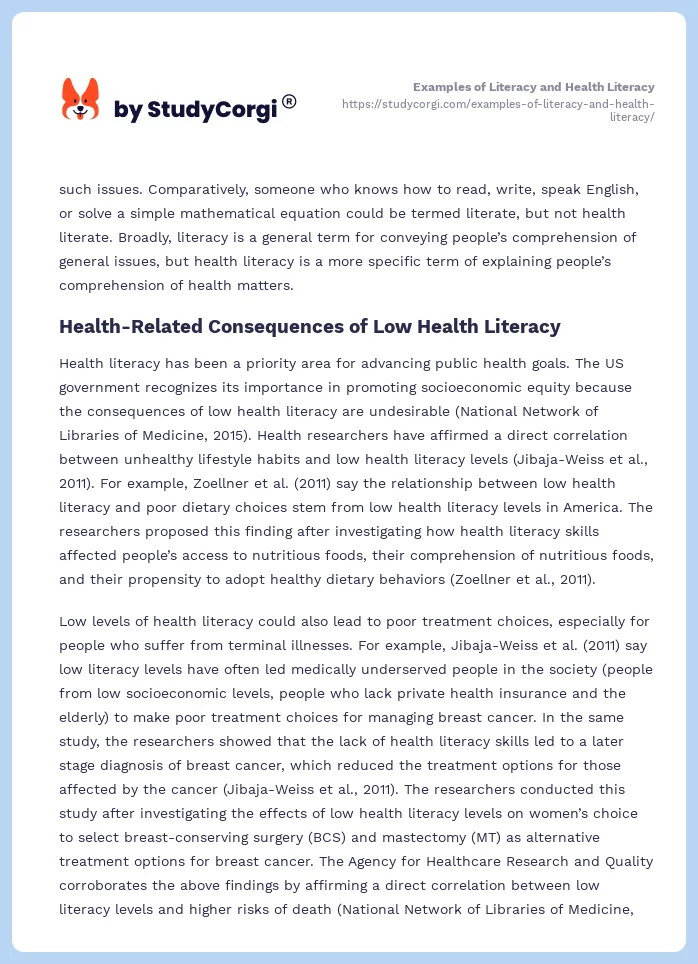 Examples of Literacy and Health Literacy. Page 2