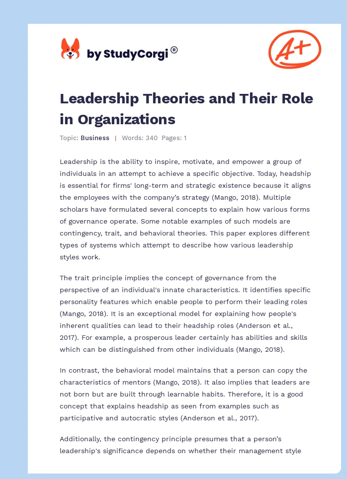 Leadership Theories and Their Role in Organizations. Page 1