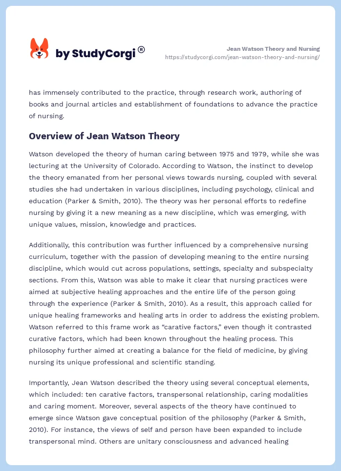 Jean Watson Theory and Nursing. Page 2