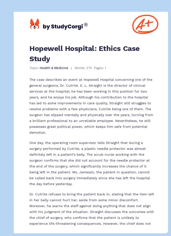 Hopewell Hospital: Ethics Case Study. Page 1