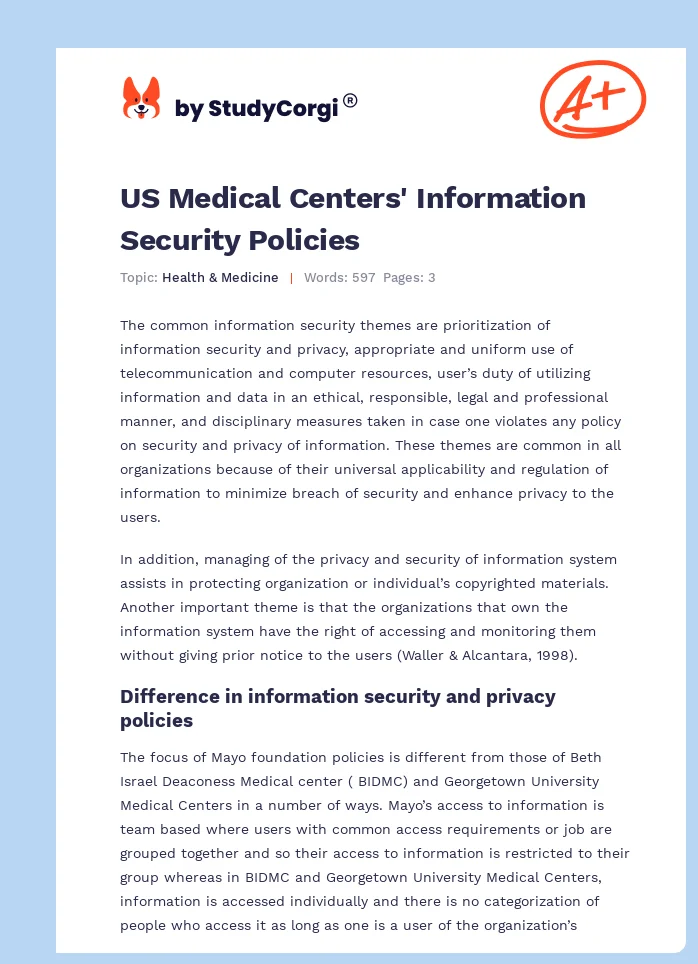 US Medical Centers' Information Security Policies. Page 1