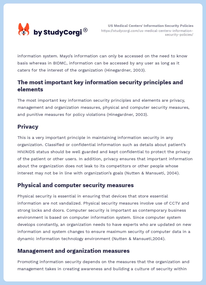 US Medical Centers' Information Security Policies. Page 2