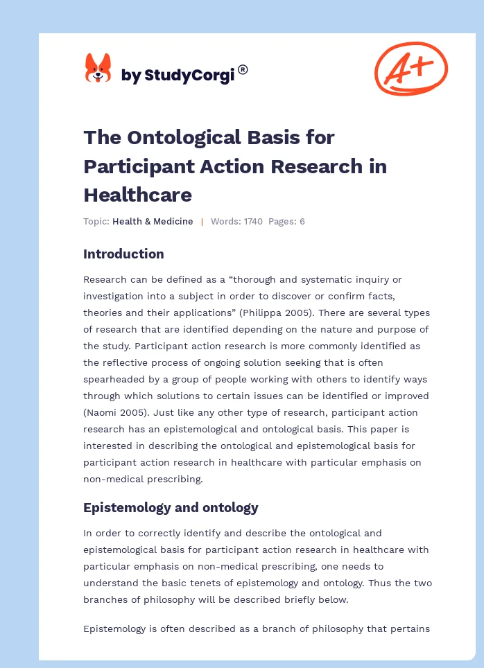 The Ontological Basis for Participant Action Research in Healthcare. Page 1