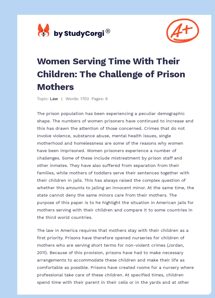 Women Serving Time With Their Children: The Challenge of Prison Mothers. Page 1