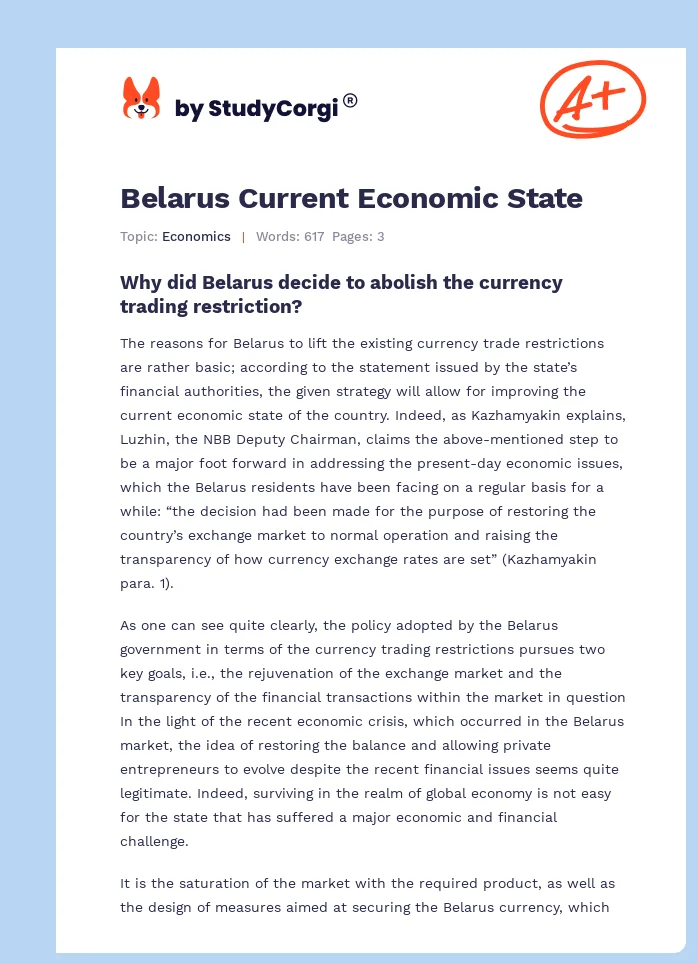 Belarus Current Economic State. Page 1