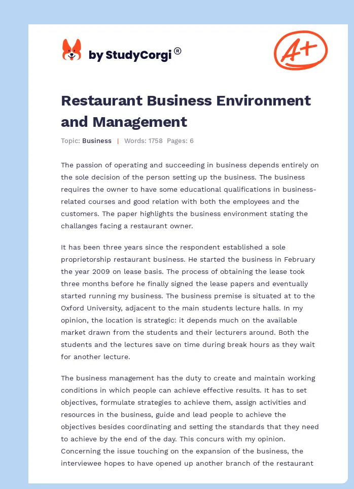 Restaurant Business Environment and Management. Page 1