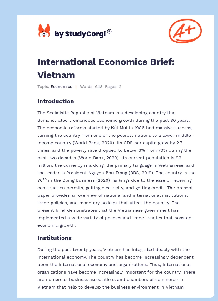 International Economics Brief: Vietnam. Page 1