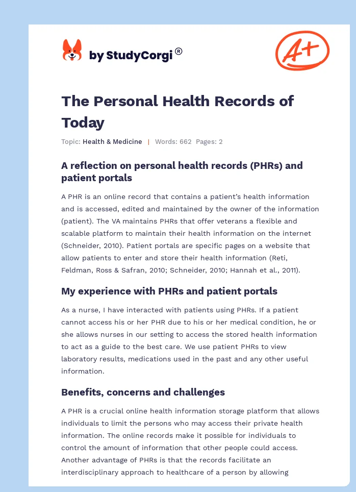 The Personal Health Records of Today. Page 1