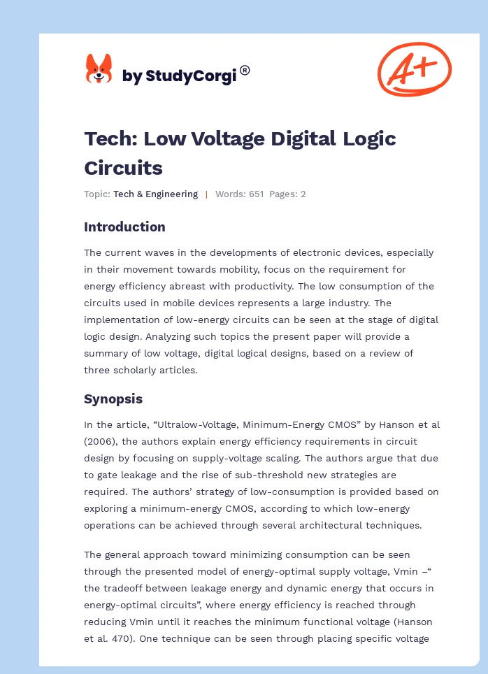 Tech: Low Voltage Digital Logic Circuits. Page 1