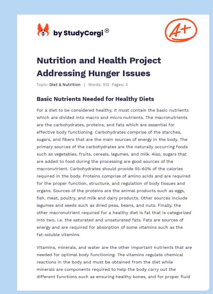 Nutrition and Health Project Addressing Hunger Issues. Page 1