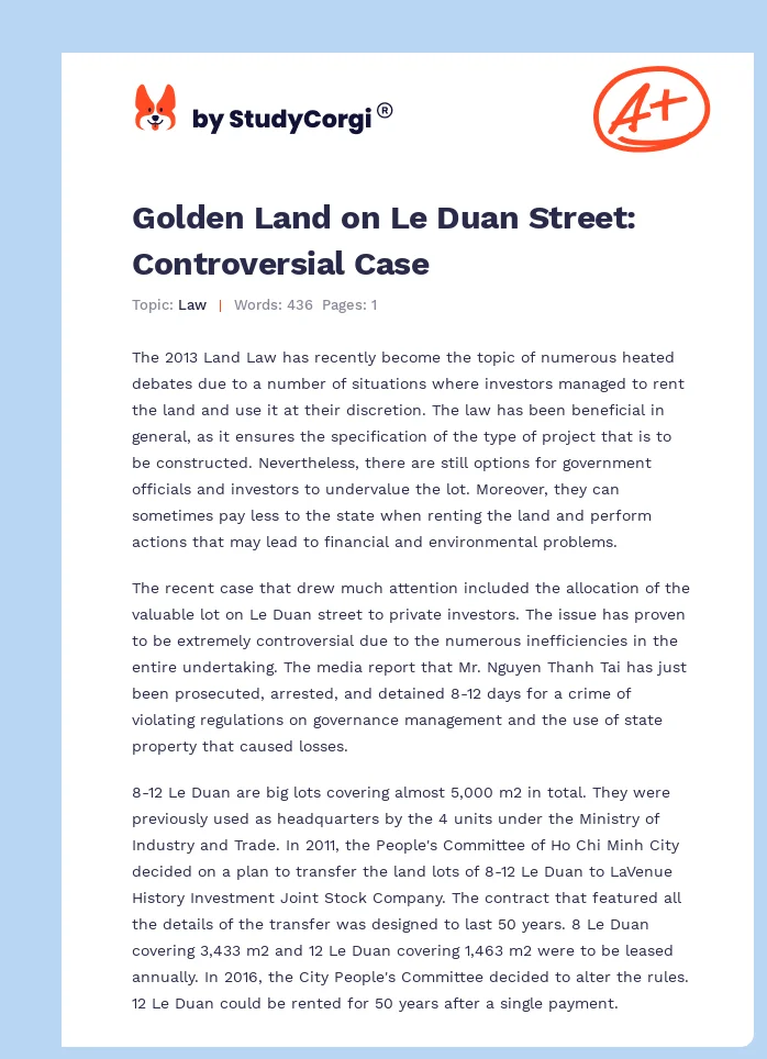 Golden Land on Le Duan Street: Controversial Case. Page 1